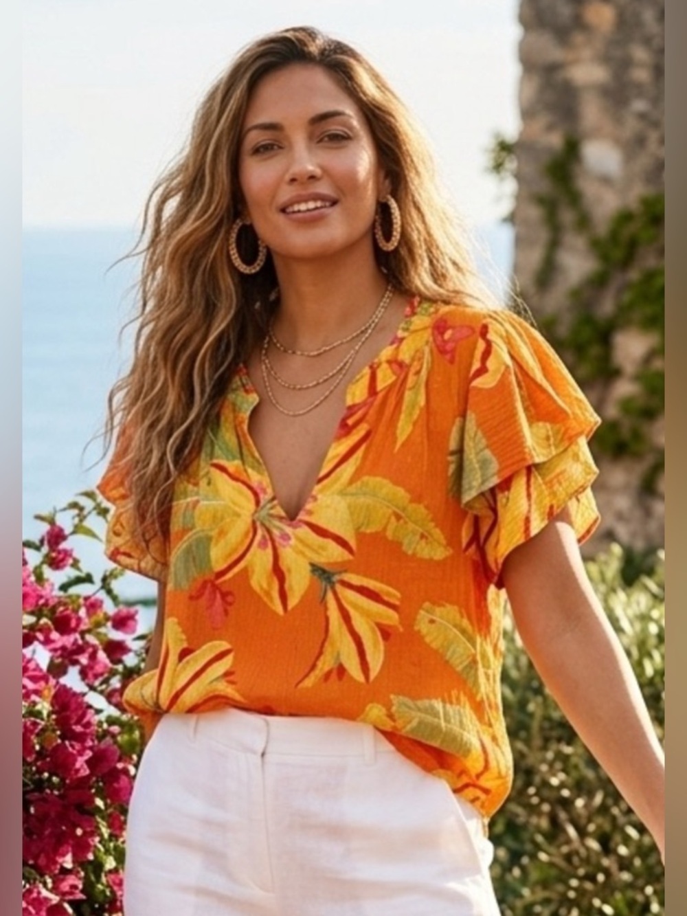 Haute Hippie Women's Beachy Floral Orange V-Neck Ruffle Top Small